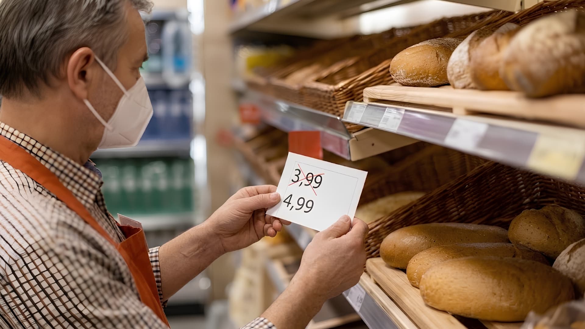 Empleado de tienda actualizando un precio a mano en un estante de pan